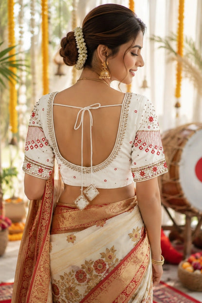 White Raw Silk Mumtaz Cut Ari Work Blouse with Mirror Embellishments & Sweetheart Neck