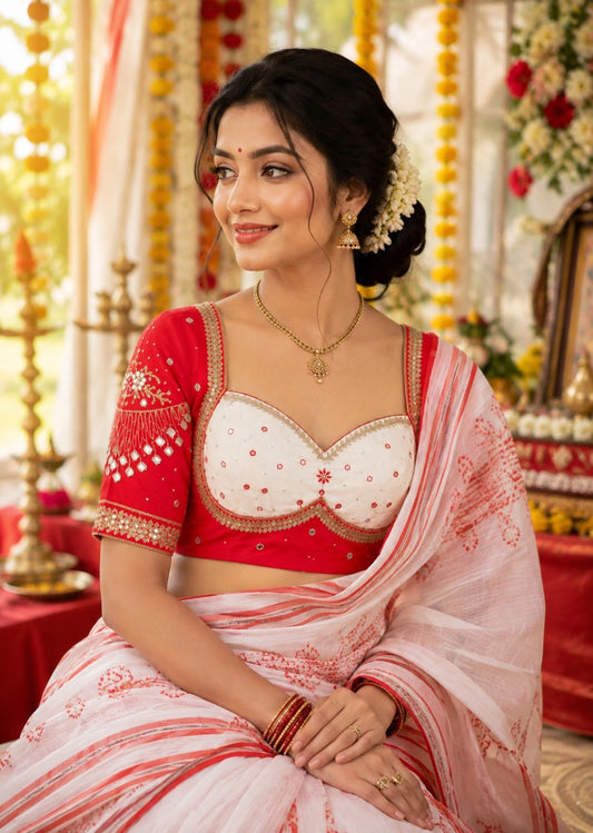 Red Raw Silk Mumtaz Cut Blouse with Ari Work, Mirror Embellishments & Sweetheart Neck