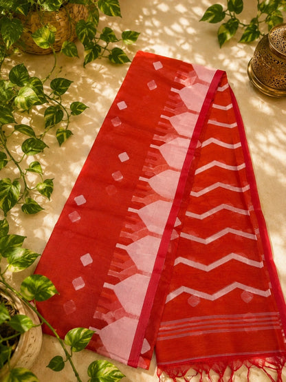 Orange Resham Jamdani Saree with Chevron Pallu & Diamond Buti Design