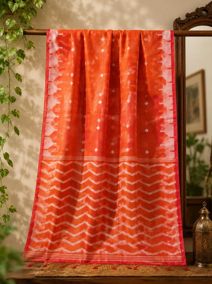 Orange Resham Jamdani Saree with Chevron Pallu & Diamond Buti Design