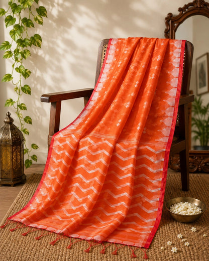 Orange Resham Jamdani Saree with Chevron Pallu & Diamond Buti Design
