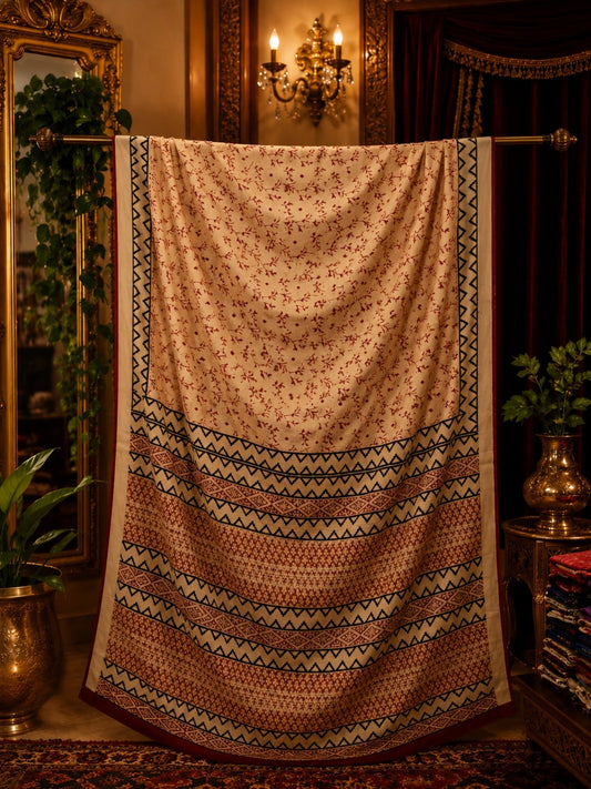 Beige Linen Bagru Print Saree with Tribal Geometric Border & Maroon Accents