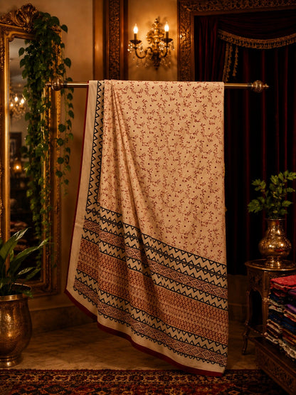 Beige Linen Bagru Print Saree with Tribal Geometric Border & Maroon Accents