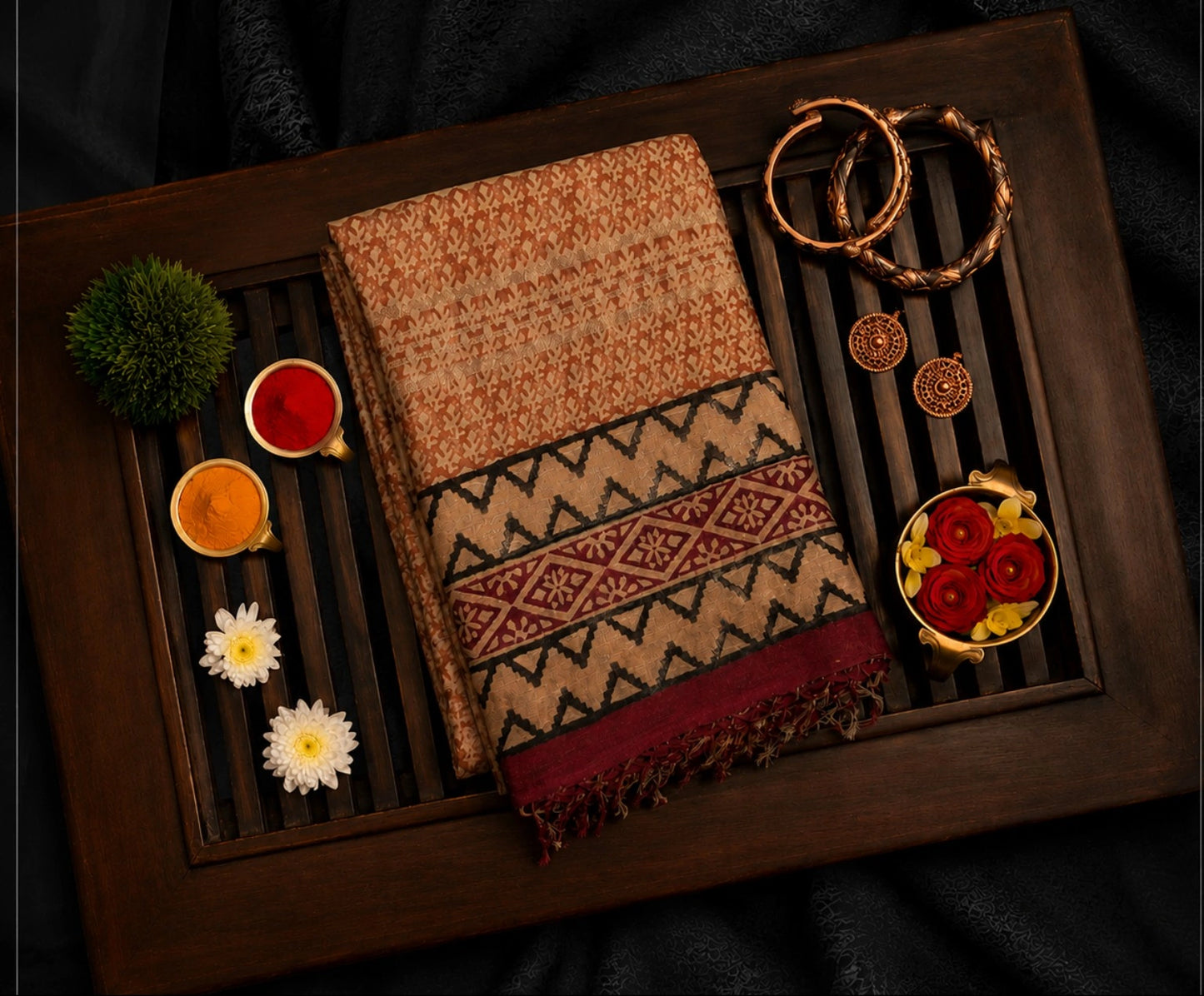 Beige Linen Bagru Print Saree with Tribal Geometric Border & Maroon Accents