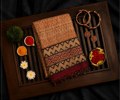 Beige Linen Bagru Print Saree with Tribal Geometric Border & Maroon Accents