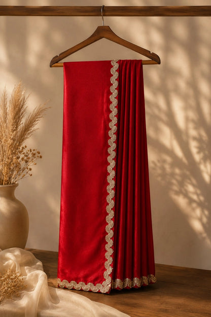 Red Fandy Satin Saree with Gold Embroidered Scallop Border Party Wear Saree