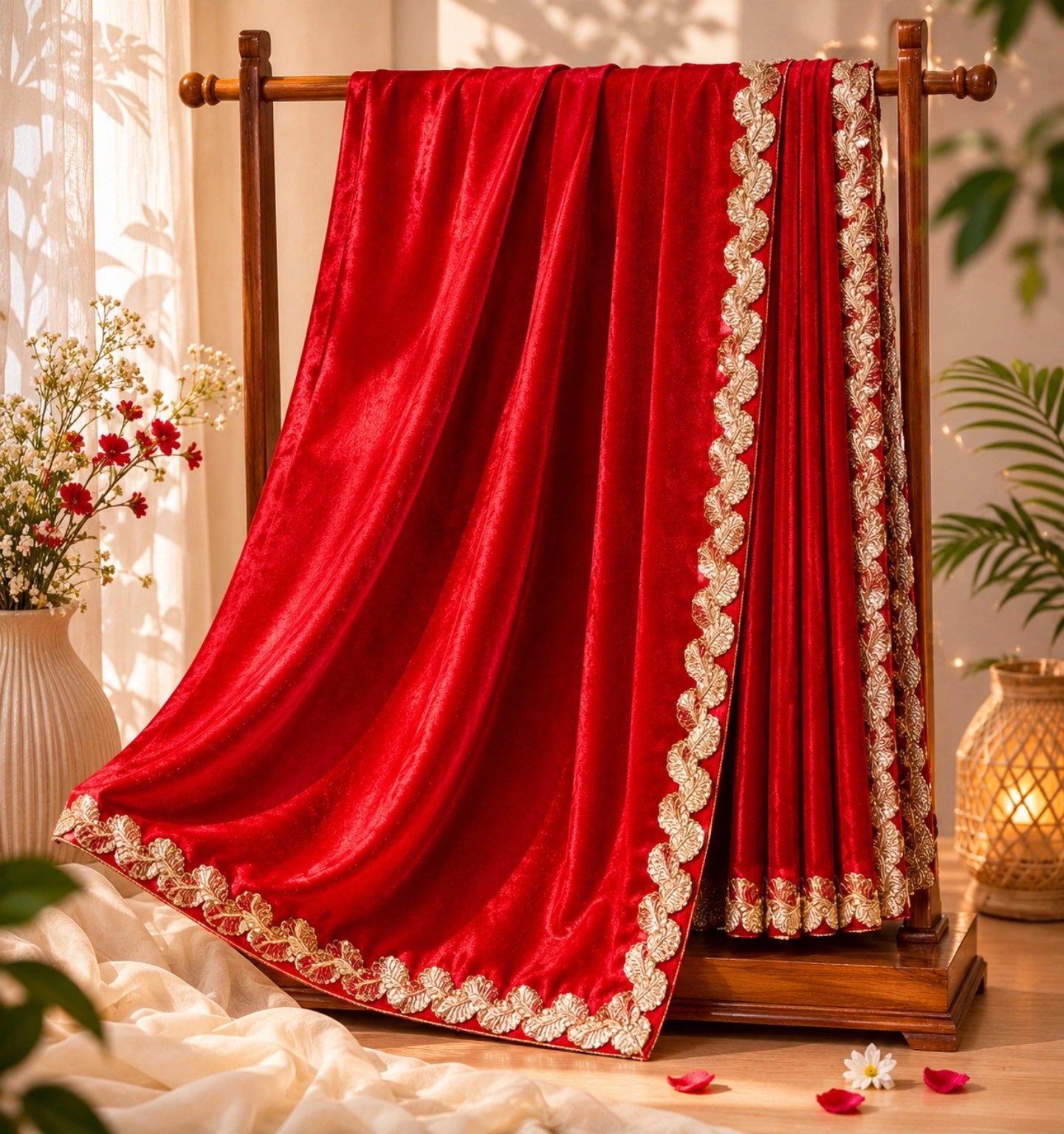 Red Fandy Satin Saree with Gold Embroidered Scallop Border Party Wear Saree