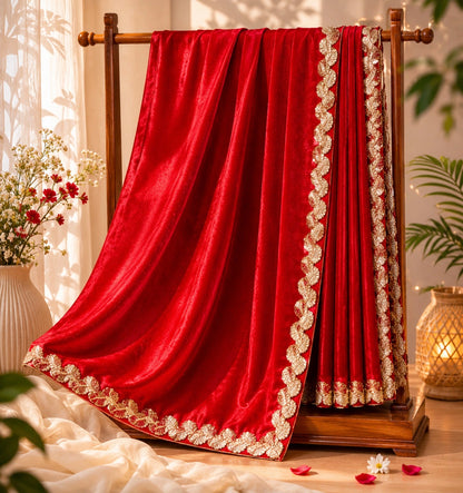 Red Fandy Satin Saree with Gold Embroidered Scallop Border Party Wear Saree