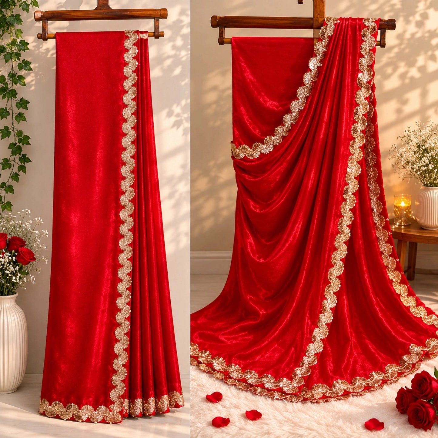 Red Fandy Satin Saree with Gold Embroidered Scallop Border Party Wear Saree