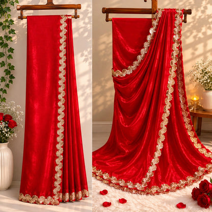 Red Fandy Satin Saree with Gold Embroidered Scallop Border Party Wear Saree
