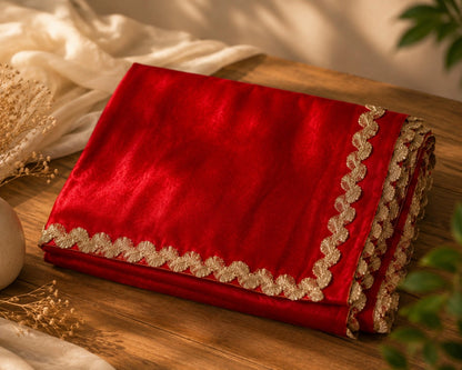 Red Fandy Satin Saree with Gold Embroidered Scallop Border Party Wear Saree