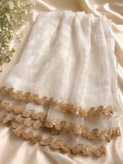 Ivory White Fandy Satin Saree with Gold Leaf Embroidered Border