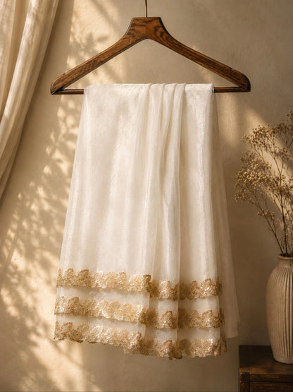 Ivory White Fandy Satin Saree with Gold Leaf Embroidered Border