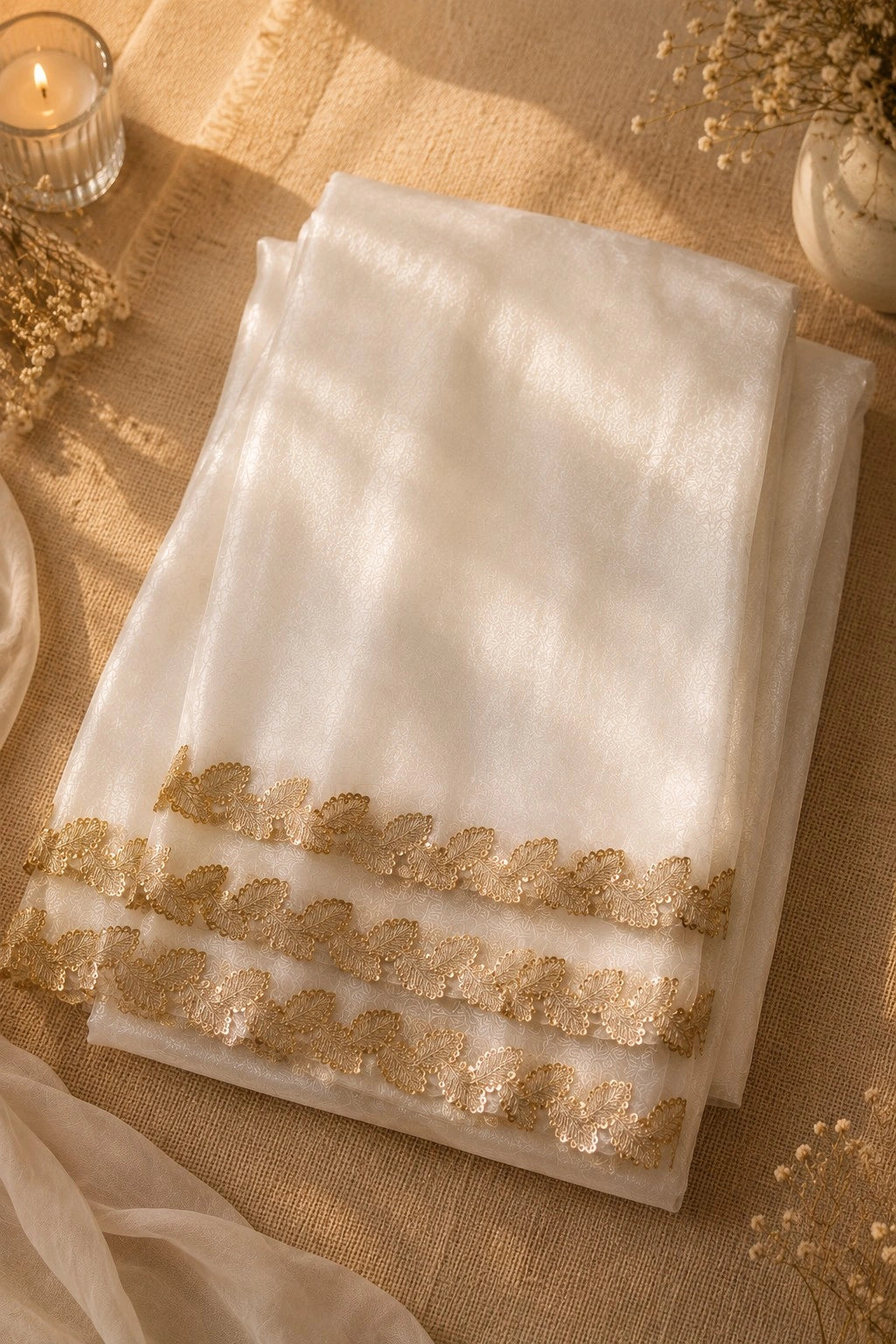 Ivory White Fandy Satin Saree with Gold Leaf Embroidered Border