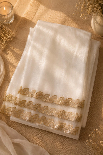 Ivory White Fandy Satin Saree with Gold Leaf Embroidered Border