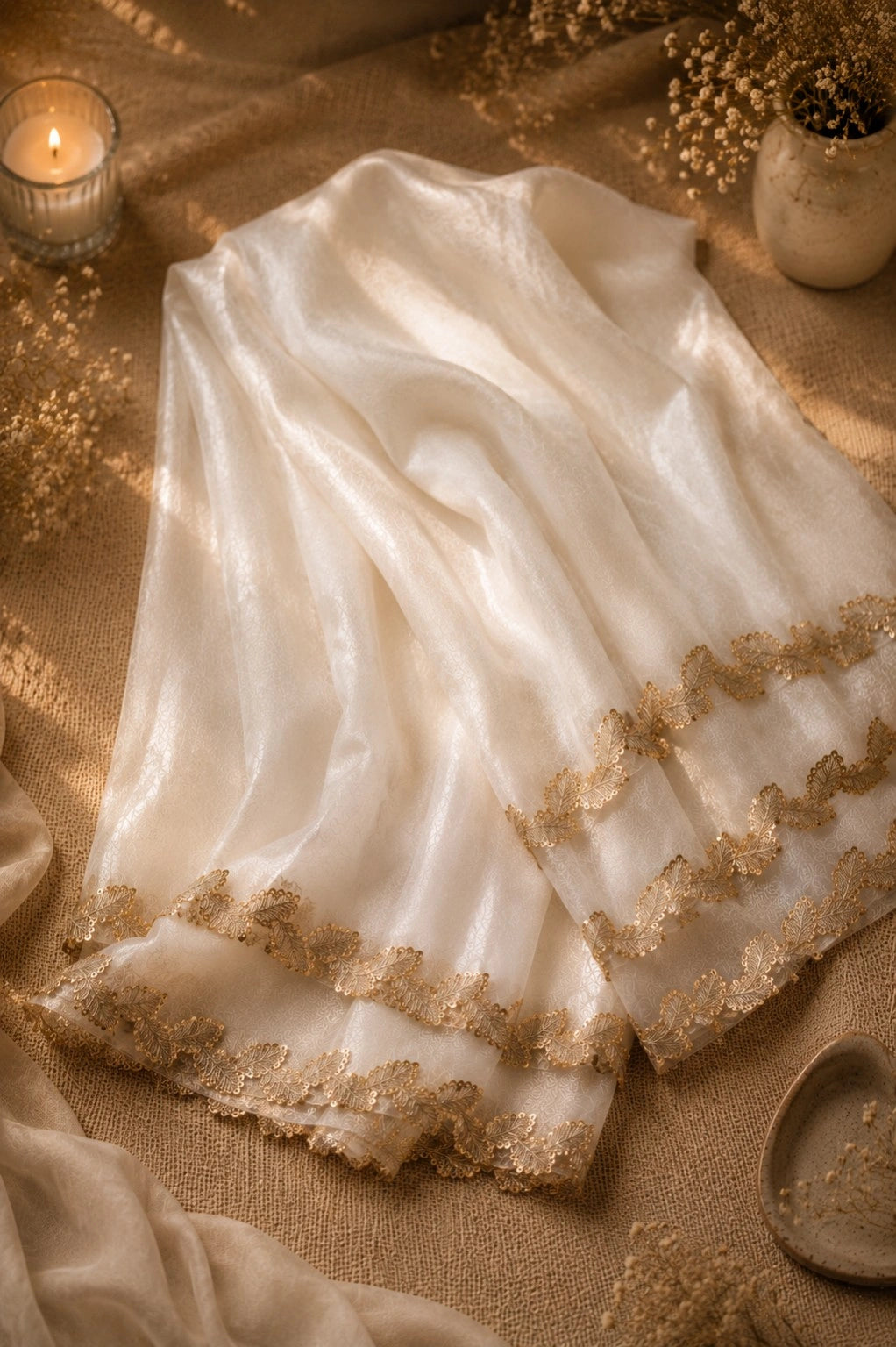Ivory White Fandy Satin Saree with Gold Leaf Embroidered Border