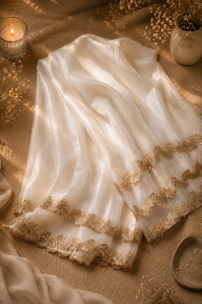 Ivory White Fandy Satin Saree with Gold Leaf Embroidered Border