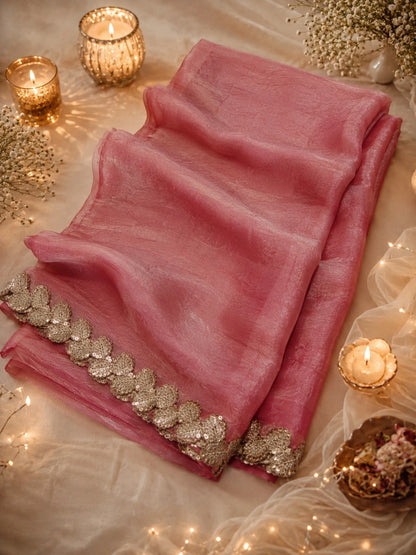 Blush Pink Fandy Crush Saree with Gold Floral Scallop Border