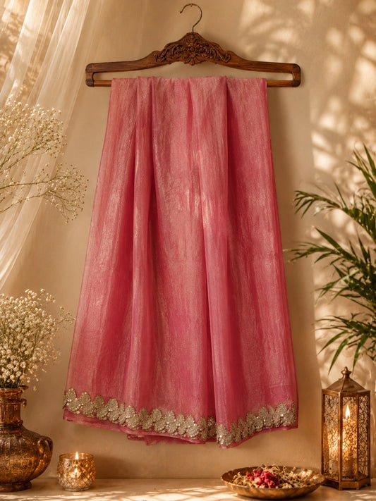 Blush Pink Fandy Crush Saree with Gold Floral Scallop Border