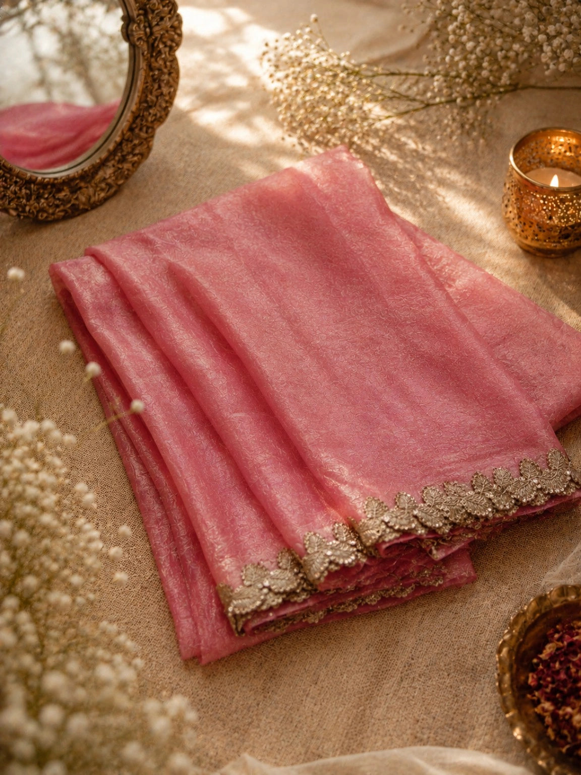 Blush Pink Fandy Crush Saree with Gold Floral Scallop Border