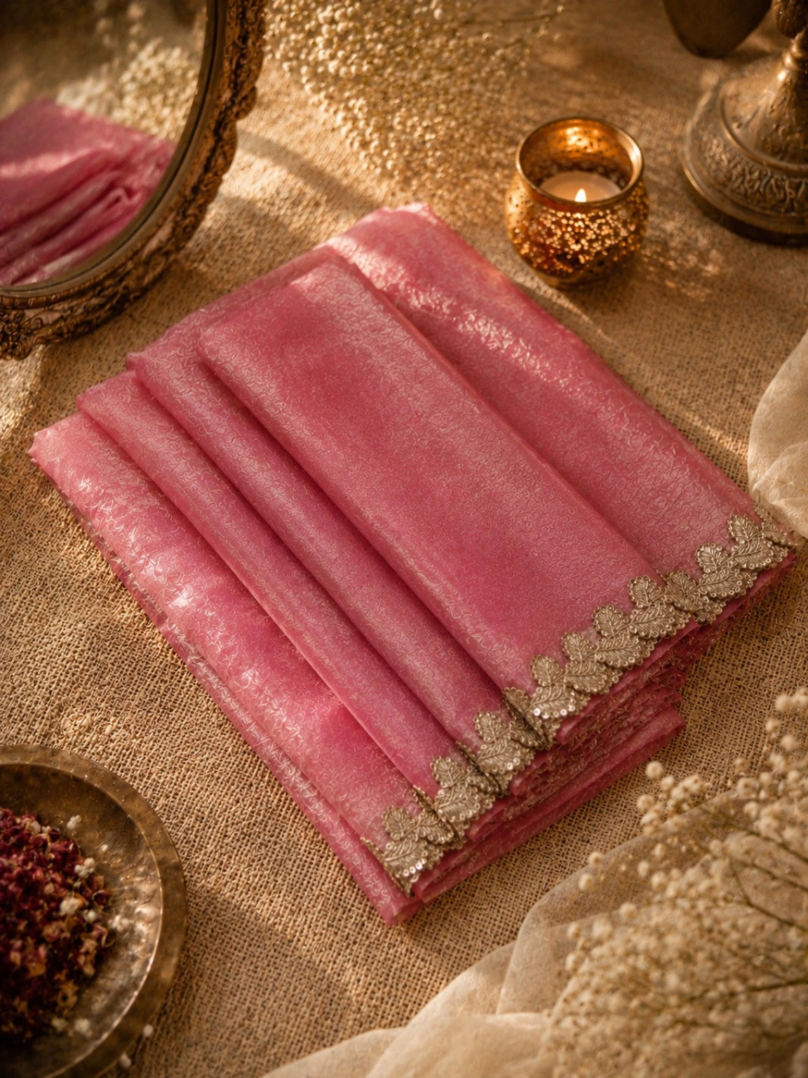 Blush Pink Fandy Crush Saree with Gold Floral Scallop Border