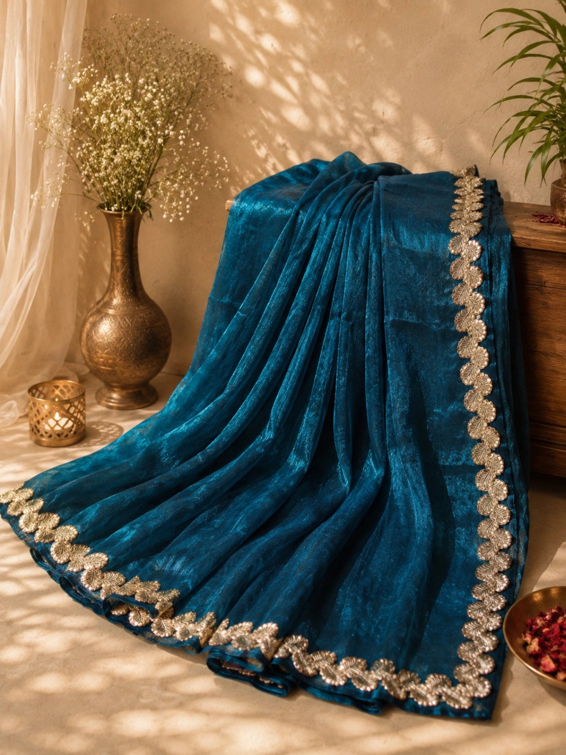 Royal Teal Blue Fandy Crush Saree with Gold Leaf Scallop Border
