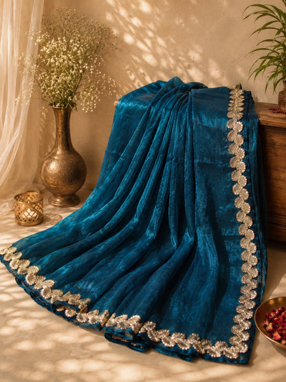 Royal Teal Blue Fandy Crush Saree with Gold Leaf Scallop Border