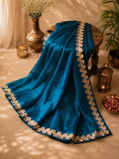 Royal Teal Blue Fandy Crush Saree with Gold Leaf Scallop Border