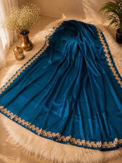 Royal Teal Blue Fandy Crush Saree with Gold Leaf Scallop Border