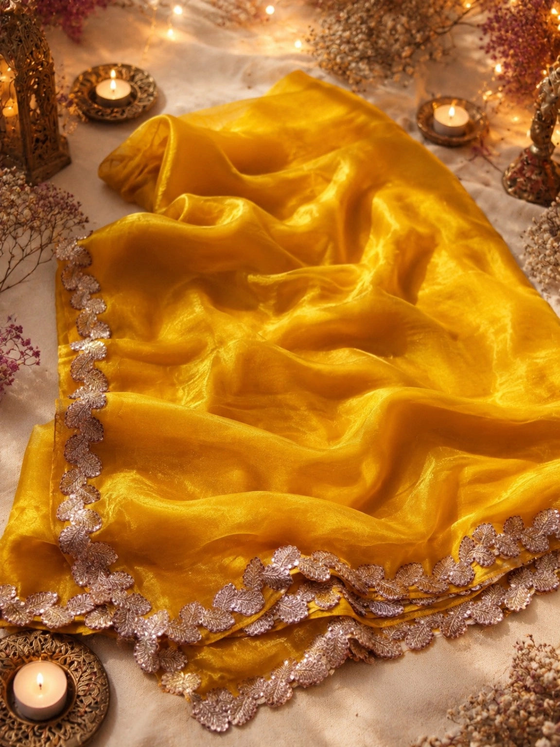 Mustard Yellow Fandy Crush Saree with Rose Gold Floral Sequin Lace Border