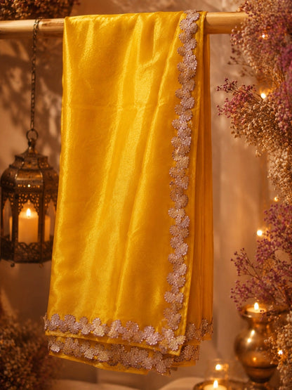 Mustard Yellow Fandy Crush Saree with Rose Gold Floral Sequin Lace Border