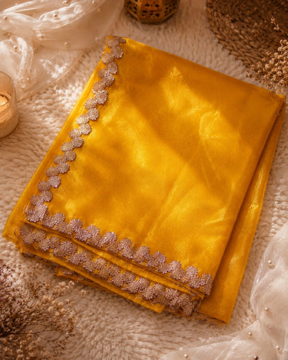 Mustard Yellow Fandy Crush Saree with Rose Gold Floral Sequin Lace Border