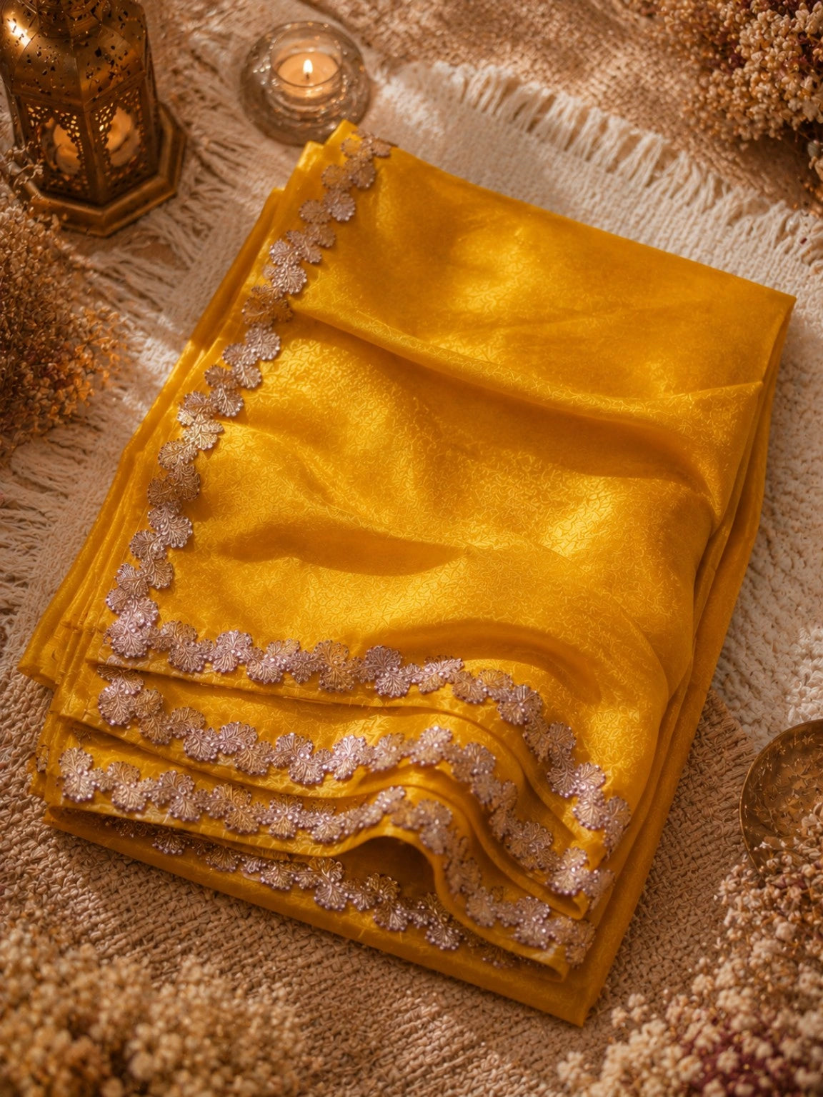 Mustard Yellow Fandy Crush Saree with Rose Gold Floral Sequin Lace Border