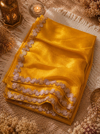 Mustard Yellow Fandy Crush Saree with Rose Gold Floral Sequin Lace Border