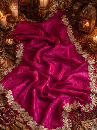 Magenta Pink Fandy Crush Saree with Gold Floral Lace Border