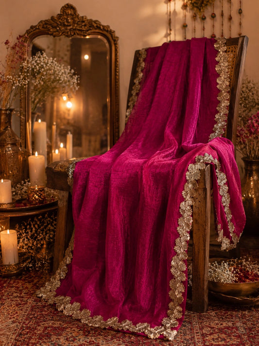 Magenta Pink Fandy Crush Saree with Gold Floral Lace Border