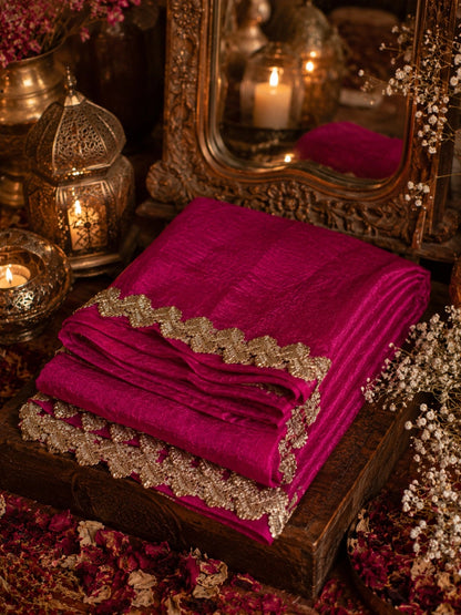 Magenta Pink Fandy Crush Saree with Gold Floral Lace Border