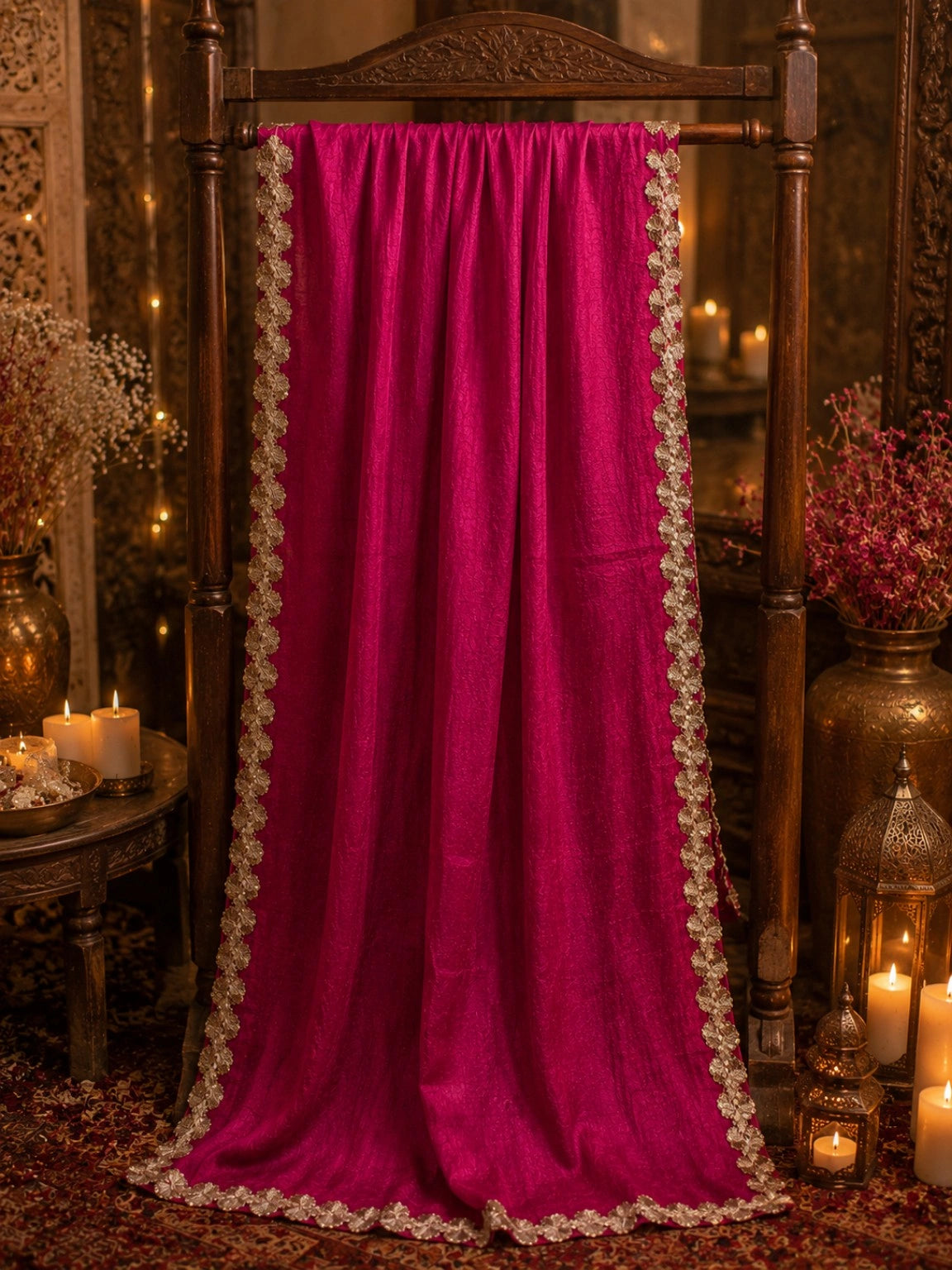 Magenta Pink Fandy Crush Saree with Gold Floral Lace Border