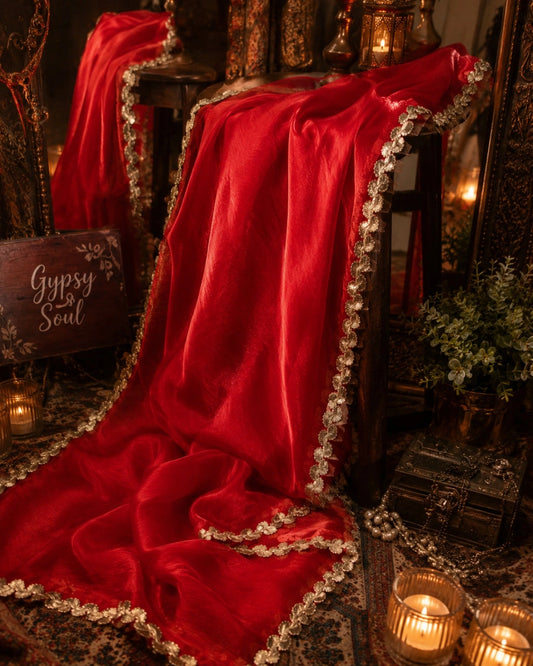 Scarlet Red Fandy Crush Saree with Gold Leaf Lace Border Party Wear Saree