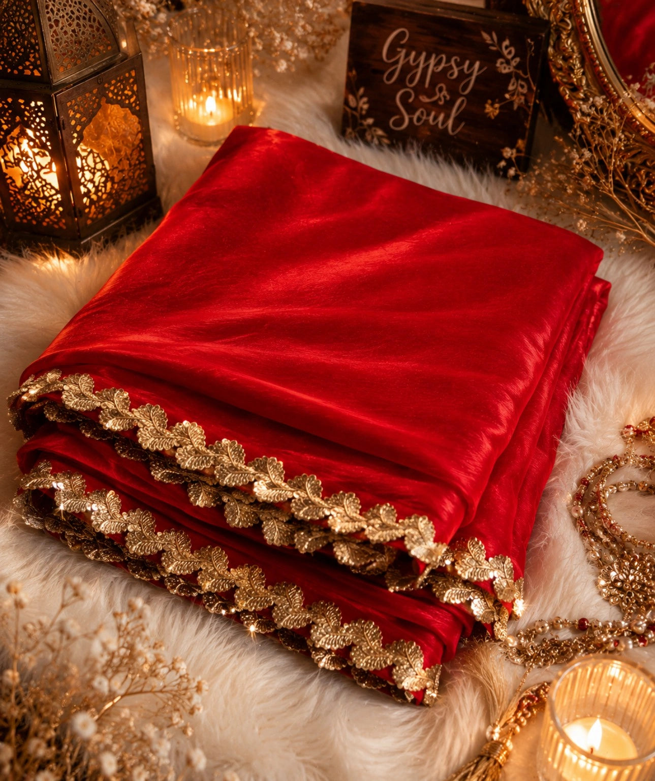 Scarlet Red Fandy Crush Saree with Gold Leaf Lace Border Party Wear Saree