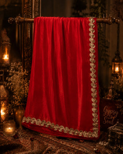 Scarlet Red Fandy Crush Saree with Gold Leaf Lace Border Party Wear Saree
