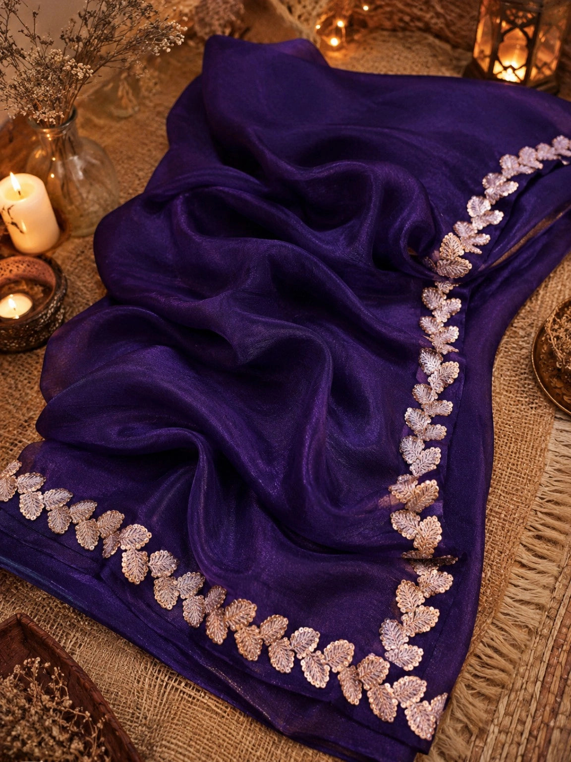Royal Purple Jimmy Choo Saree with Rose Gold Leaf Embroidered Border