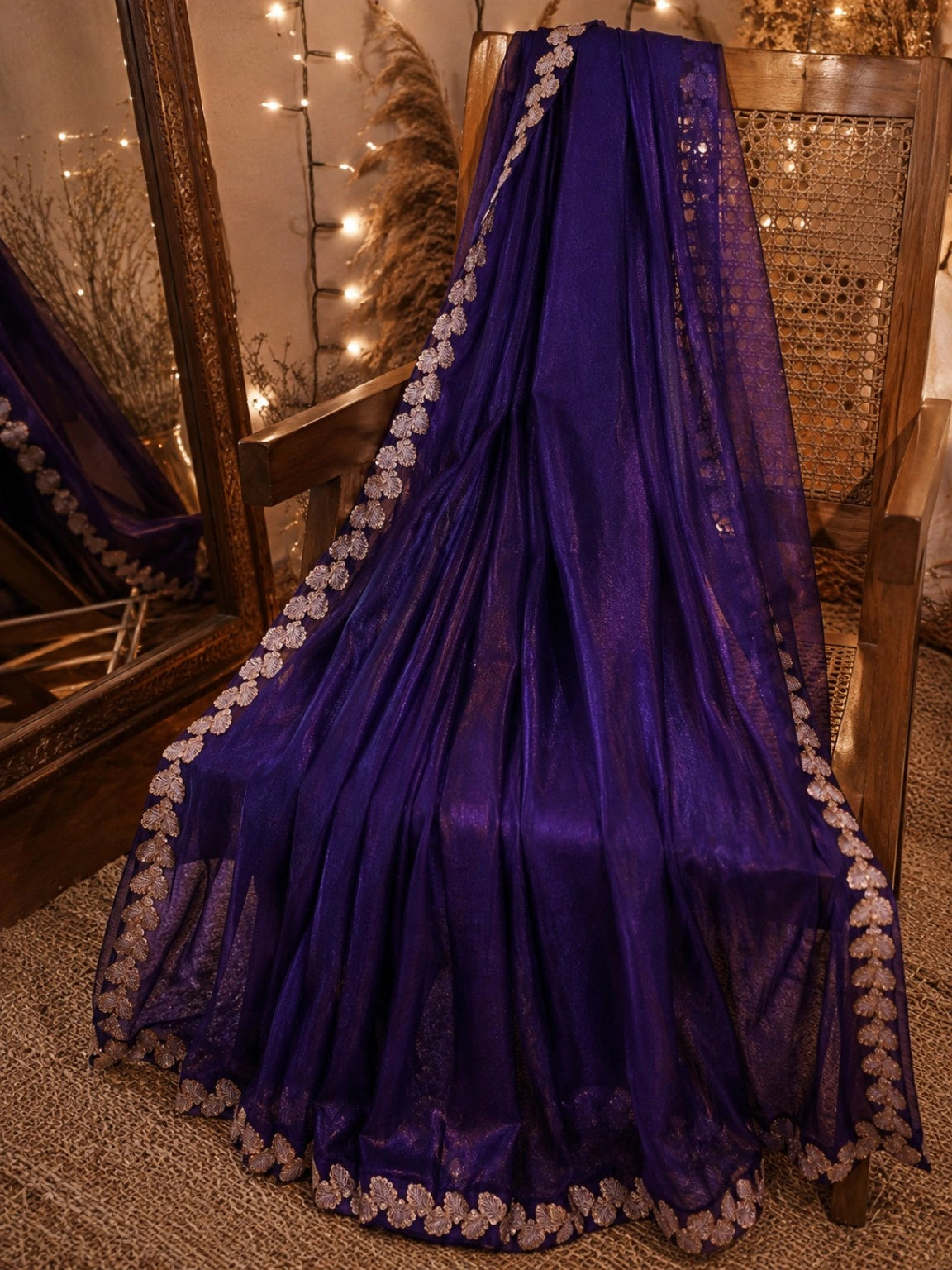 Royal Purple Jimmy Choo Saree with Rose Gold Leaf Embroidered Border