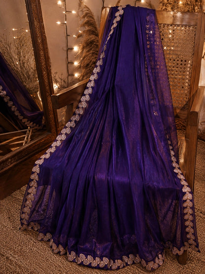 Royal Purple Jimmy Choo Saree with Rose Gold Leaf Embroidered Border