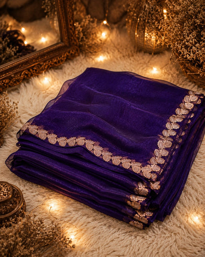 Royal Purple Jimmy Choo Saree with Rose Gold Leaf Embroidered Border
