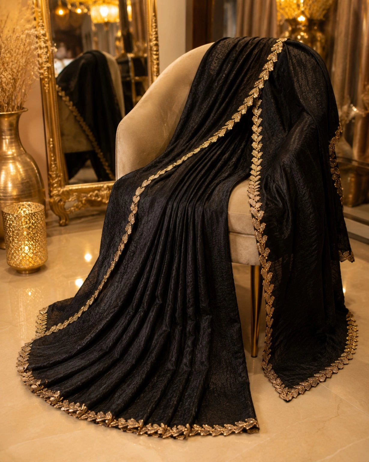 Black Jimmy Choo Saree with Rose Gold Leaf Embroidered Border Party Wear Designer Saree