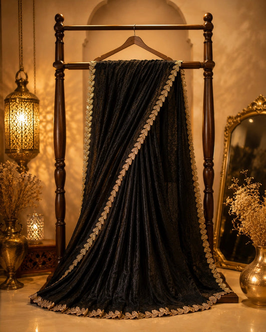 Black Jimmy Choo Saree with Rose Gold Leaf Embroidered Border Party Wear Designer Saree