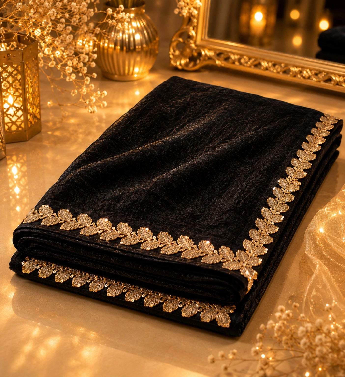 Black Jimmy Choo Saree with Rose Gold Leaf Embroidered Border Party Wear Designer Saree