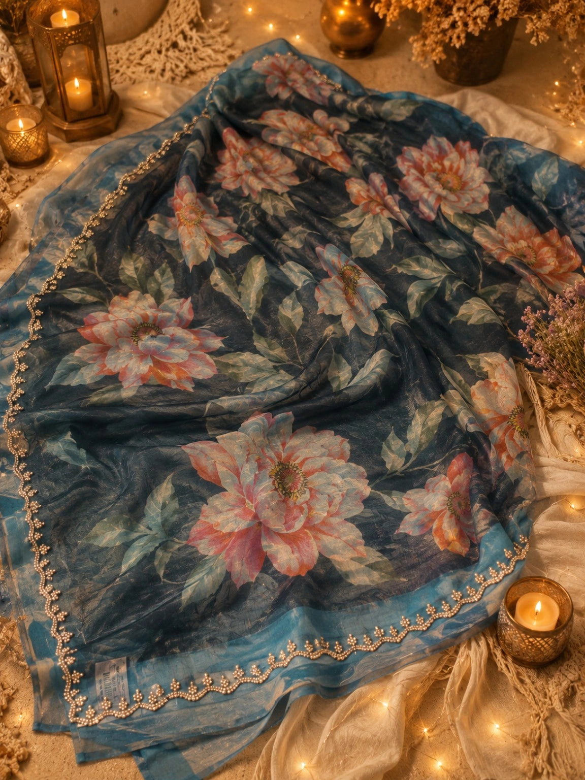 Fendi Jimmy Choo Designer Saree in Teal Blue Floral Print with Embellished Border