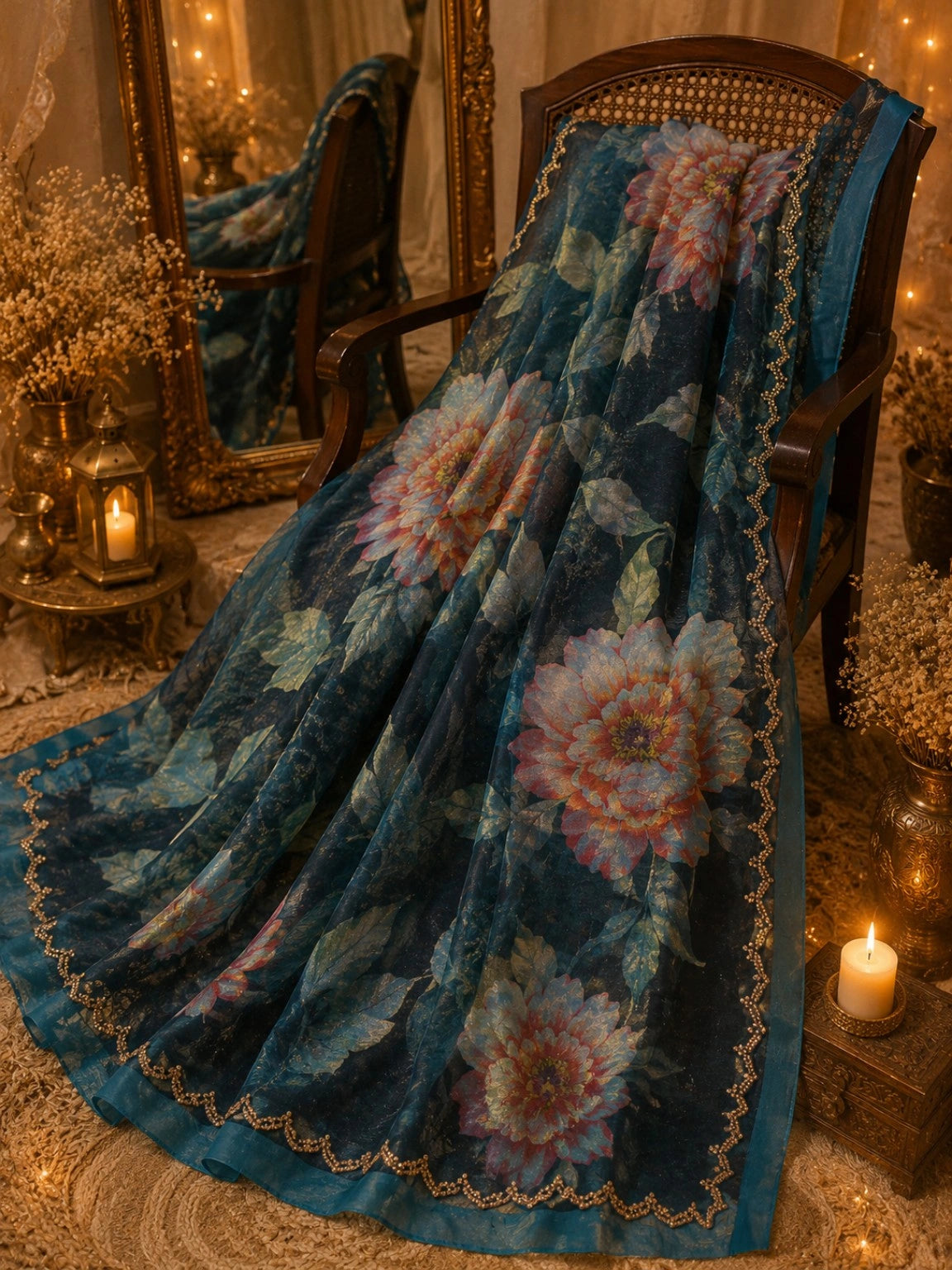 Fendi Jimmy Choo Designer Saree in Teal Blue Floral Print with Embellished Border